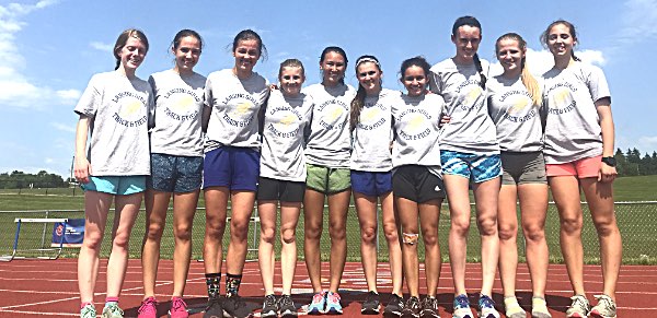 Left to right: Emmy Jackson, Teresa Garcia, Cat Zaloj, Kinsley Jacobs, Miya Kuramoto, Meghan Matheny, Hana Thibault, Catie Eisenhut, Destiny Little, Mikaela Garcia (not pictured: Leigh Miller) track girls tf states