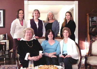 (Left to right, sitting) Susan Rosenkoetter, author Susan Campbell Bartoletti, Lansing High School English Teacher June Martin (Left to right, standing ) 6th Grade English teacher LeeAnn Sinclair 6th Grade Math Teacher Brenda Meade, Enrichment teacher Patty Jennings,6th Grade English teacher Lisa Topoleski at a Federal house reception Rosenkoetter hosted when she brought Susan Campbell Bartoletti to Lansing for several days at the schools last year. scb_withteachers