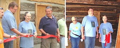 Jane Ellen North Bryce cuts the ribbon (left). Town Historian Louise Bement with Jane and Robert North Log Cabin