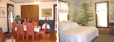A dining room is part of the rental package (left). One room is painted with trees (right). House on the Corner