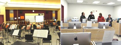 The orchestra practice room is one of three spacious music practice halls (left). Classrooms space includes a music theory lab (right) ihspac_music