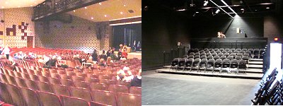 The new IHS Performing Arts Center features a renovated Kulp Auditorium (left) as well as a new black box theater (right) ihspac_theaters