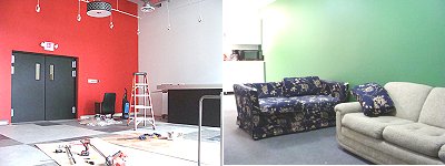 A spacious lobby features a glass entryway, two white walls, and a red wall with theentrance to the Auditorium. Backstage the actors wait to go on in an attractive green room (which was actually painted green). Lobby and Green Room