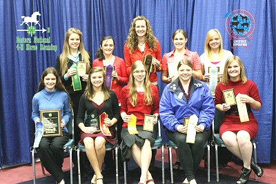 Top 10 Hippology Individual Overall Scorers: (Front row left to right) Elizabeth Karrmann (1st, Wisconsin), Taylor Knittel (2nd, North Carolina), Melena Hagstrom (3rd, New York), Jennifer Knox (4th, New Jersey), Kristen Schmidt (5th, Colorado). (Back row left to right) Maggie Phillip (6th, Washington), Allison Tuchrello (7th, New York ), Hannah Szajner (8th, Minnesota ), Alexandra Glover (9th, Vermont), Kristin Bakely (10th, New Jersey). melena_HippologyTop10IndividualsOverall