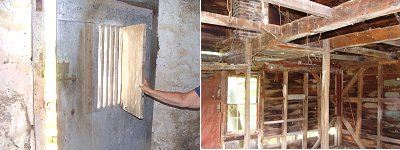 The door to the spring house sports an 'Indian window' (left. Upstairs wires hand from above that were likely used to dry newly developed pictures in the 1800s. millercabin_door_attic