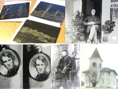 Glass negatives like the ones shown, upper left, were reprinted in the 1990s to produce historical views of Lansing people and places. Miller photographed the Ludlowville Union School, lower right, before an addition was built on its north (right in this view) side. The structure still stands. millercabin_photos