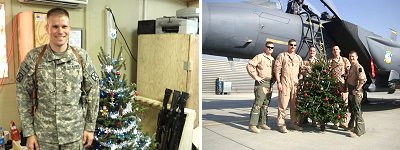In mid-November 22 Chirstmas Trees were sent from Moore Tree Farm to Afghanistan. William Taylor (left) and Nicholas Graham (second from left in front of plane) were among the recipients. mtf_TaylorGraham