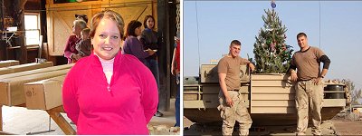Nicole Bruster's (left) husband Steve's unit will receive five trees. Travis Potter (right) and friend pose with the tree from Moore Tree Farm on the back of their M1A1 tank somewhere in Iraq some years ago. mtf_bruster