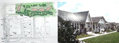 The project includes an 82,000 square foot retail space (below in white area) and a dozen senior housing units situated among wetlands and a bird sanctuary (green space above). At right an artist's rendering of the senior rental units. pif_project