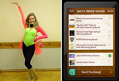 Ahley Burt in costume for her Macy's Parade preformance. An iPhone app was available for parade watchers. One feature allowed you to follow the Spirt of America dancers as they progressed along the parade route. ashley_costumeapp