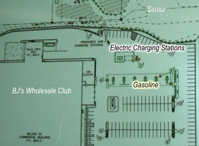 If approved the fueling station will replace some of the already approved parking spaces at the north of the new parking lot. Two electric fueling stations will be placed at parking spaces to the northwest of the lot, with a six foot wall and a line of spruce trees separating it from senior rental housing. bjs09 plan