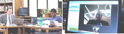 At left, Superintendent Stephen Grimm, School Board Vice president Glenn Swanson on the laptop, and Board Member Aziza Benson. At right the large picture shows Swanson at the airport in Shanghai, while a smaller picture below shows what he is seeing in Lansing from half way across the world. boe_glenn_two400