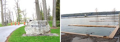 Myers Park was closed Monday. Water reached dock level in the newly refurbished marina. cayugaflood_entrancedocks