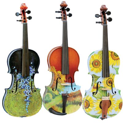 “Bluebells At Evening” By Marian Van Soest, “Cayuga View” by Patty Porter, “Sunflower” by Mary Beth Ihnken ccopaintedviolins