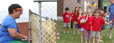 Principal Chris Pettograsso ready to be dunked while kids line up to dunk her esrc_dunk