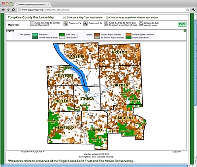 Kiley and Pearce shared a number of Internet resources, including tcgasmap.org, which has mapped current gas drilling leases to show what drilling could look like in Tompkins County. frack_tcgasmap