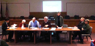 Left to right: TCAD President Michael Stamm, County Legislator Pat Pryor, Tompkins County Director of Assessment Jay Franklin, County Administrator Joe Maraene, Legislature Chair and IDA Chair Martha Robertson, consultant Mike Coles, Lansing Councilwoman Kathy Miller ida_aes_info_table