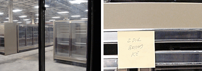 Looking out from the 'beer cave' (left). Post-its have been placed on coolers to mark what products will be displayed (right). lmaug_coolers