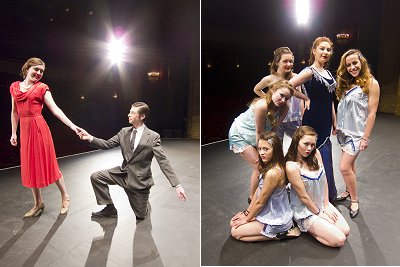 Sarah Beckwith as Hope Harcourt, St. John Faulkner as Billy Crocker (left), (at right, clockwise from top center) Sari Koppel as Reno Sweeney with Lena r2p_AnythingGoes400
