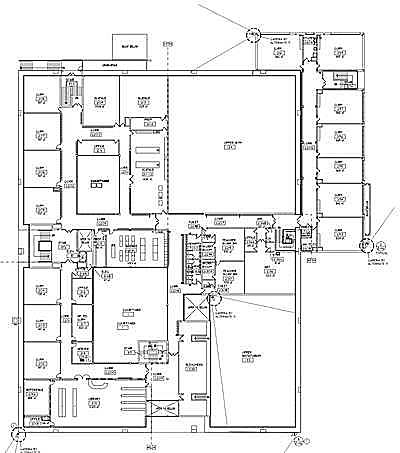 This second floor high school plan is one of many documents on the Lansing Central Schools Web site that pertains to the Learning, Health & Safety capital project. The circles are labeled as security camera locations on this plan, labeled 'Security System Layout' security-2ndfloor