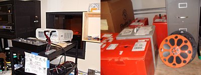 Two digital projectors that are rapidly becoming obsolete play DVD-like disks (left). 35 millimeter film arrives in boxes containing individual reels. cinemapolis_digandfilm