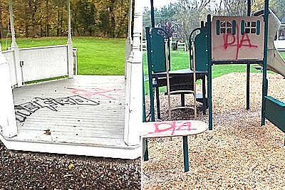 The band stand in Ludlowville Park and the playground in Myers Park are among many damaged buildings and monuments graffiti_ludlowvilleandplayground