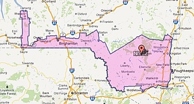 Hinchey's oddly shaped District 22 runs from Ithaca to Binghamton, then to a large area that reaches east to Woodstock and New Paltz hincheydist_map