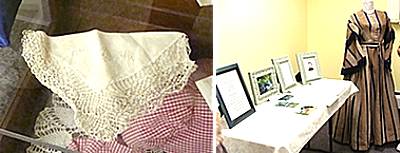 Handkerchief tatted by Louise bement's mother (left). Wedding dress (right) worn by Sarah Arminta Davis in 1873 when she married Theodore Swayze histclothing_400