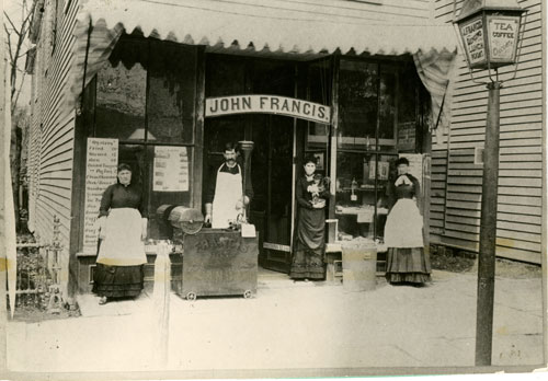 John Francis Store was located at 60 West State Street in Ithaca from 1854-1931. The date on this image is circa 1900, and the image identifier is General Photograph Collection, H10.24 historycenter1890s