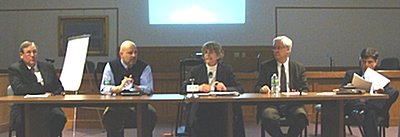 Monday's panel (left to right) School District Consultant Michael Coles, Tompkins County Director of Assessment Jay Franklin, IDA and Legislature Chair Martha Robertson, County Administrator Joe Mareane, Tompkins County Area Development President Michael Stamm. ida-feb_panel
