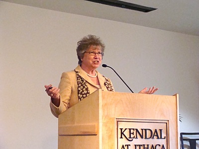 New York Assemblywoman Barbara Lifton addressed nearly 60 constituents at Kendall At Ithaca last Friday liftonkendal_podium