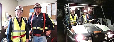 Me and Mine Manager Russ Givens (right) suiting up before descending to the mine. At right is the vehicle we rode in as we tooled around the mine mine_ed_russdan