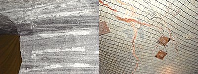 Pillars appear striped because they are periodically scraped to remove loose material. Ceilings are supported with bolts and loose shale is kept from falling on your head by chain link fence fastened to the ceiling. mine_pillarceiling