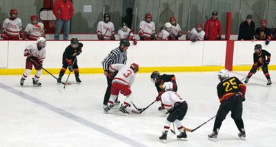 Picture is of the Josh Zajac, Nic Whittaker, and Jack Babuka line on the ice against Cortland with the remainder of the IYHA PeeWee2 line in the background. Photo by Wendy Robbins. peewee2_feb9
