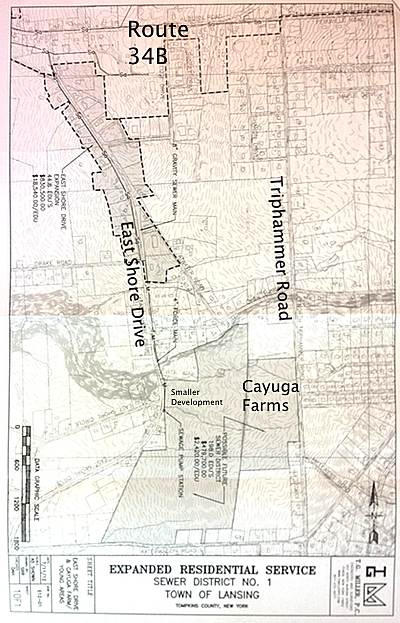 Gray areas on this map show possible sewer district extension areas. Cayuga Farms is proposed for land along Triphammer Road south of Asbury Road, and a smaller development, initially including 20 EDUs, is proposed off of East Shore Drive, west of Cayuga Farms. sewer_eastshoremap400