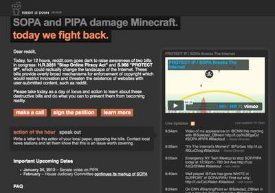 Reddit.com says its very existance is threatened by SOPA and PIPA. sopa_reddit