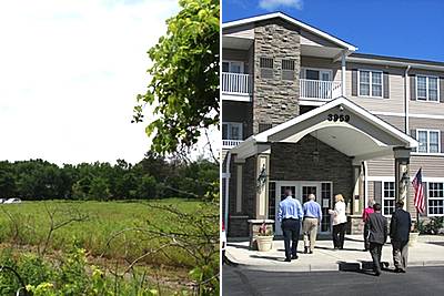 Over 150 acres of land (left) will be converted into a Lansing Town Center. At right a Lansing delegation visits an affordable senior housing development last week. tc_land-affordable