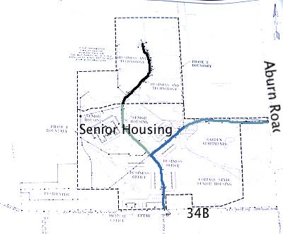 In this scenario NRP Group would build the dark blue section of the road shown in this map, and later the light blue if they later develop the garden apartments. Calimar would build the green section, and the Town would build the black section or negotiate with a business developer to do so when the business and technology park to the north is developed tcplan06_400