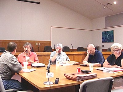 (Left to right) Deputy Supervisor Robert Cree, Councilman Ed LaVigne, Planning Consultant Jonathan Kanter, Tompkins County Assessor Jay Franklin, Councilwoman Ruth Hopkins tctbwm_table