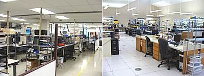 Befroe and after: the new manufacturing facility (right) is bright and spacious s compared to the old space (left). The new building features an enormous flexible space with clearstory windows, clean rooms, loading docks, and storage. ts_oldandnew