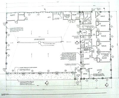 The ground plan shows four service bays and five bunk rooms in the proposed fire station vfs_plan