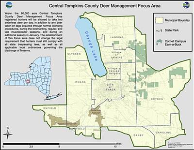 The DEC published this map of the Deer Management Focus Area in Tompkins County villagedeer_tompkdmfamp