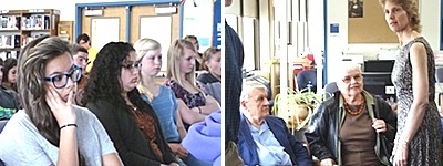 Students learn about the Holocaust from a first hand account (left); Hermann and Anna Moratz with June Martin (right) voss_moratz