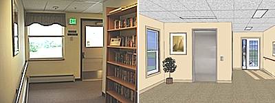 Before and after. These views are taken from a hall that goes straight from the front entrance to the proposed elevator doors, providing easy access for tenants and emergency responders. wee_beforeafter