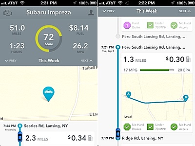 My drive from the Lansing Town Hall (right) to the gas station next to Lansing Market the other day cost me 30 cents in gas. My mileage wasn't so swell, but I didn't brake or accellerate too fast. But my weekly average (left) is much better at 26 mpg, pretty good for mixed village and rural driving in a Subaru. automatic_screens