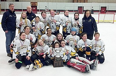 Front row: Amy Milner, Nora Cowett, Corinne Hartshorne, Blute Moo Soe Paw, Sisi Stallman, Cameron Lemberg, goalie Catie Eisenhut, Jenna Reynolds, Dori Shipman and Hallie Riddell. Back row: Head Coach Eric Eisenhut, Hannah Lacko, Assistant Coach Tom Hartshorne, Eva Lunduski, Charlie Rowe, Sophia Riccio, Nicole Nixon, Jasmine Hallock and Assistant Coach CJ DelVecchio. Photo taken by Wendy Shipman flagteam0205