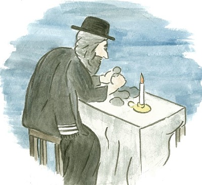 Rabbi ben Bezalel creates the golem out of clay on the first night of Hanukkah. Illustration by Suzy Hill. golem rabbi snip