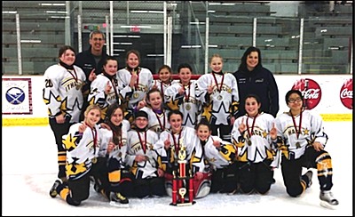 Front row: Molly MacQueen, Amy Milner, Jenna Reynolds, Cameron Lemberg, Catie Eisenhut, Sisi Stallman, Nora Cowett, Blute Moo Soe Paw. Back row: Charlie Rowe, Head Coach Eric Eisenhut, Jasmine Hallock, Nicole Nixon, Eva Lunduski, Dori Shipman, Hannah Lacko and Assistant Coach CJ DelVecchio. Photo taken by Ed & Tracy Lacko. hockeytopgun2013