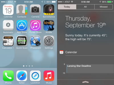 Icons on the home screen are simplified and flattened. The notification center has also been simplified and is more readable ios7_home_notification