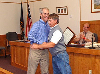 Richard Lind (right) receives the Viola Miller Volunteer Citizen Award from Recreation Director Steve Colt Wednesday lind_withcolt